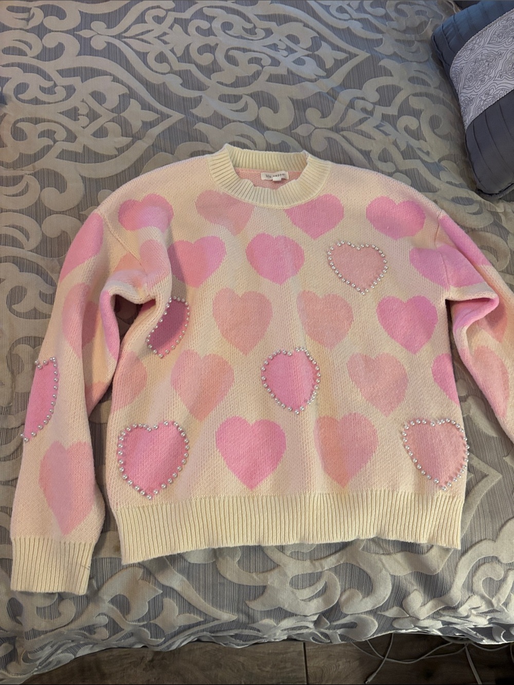 Blu Pepper Cream Sweater with Pink Heart Accents